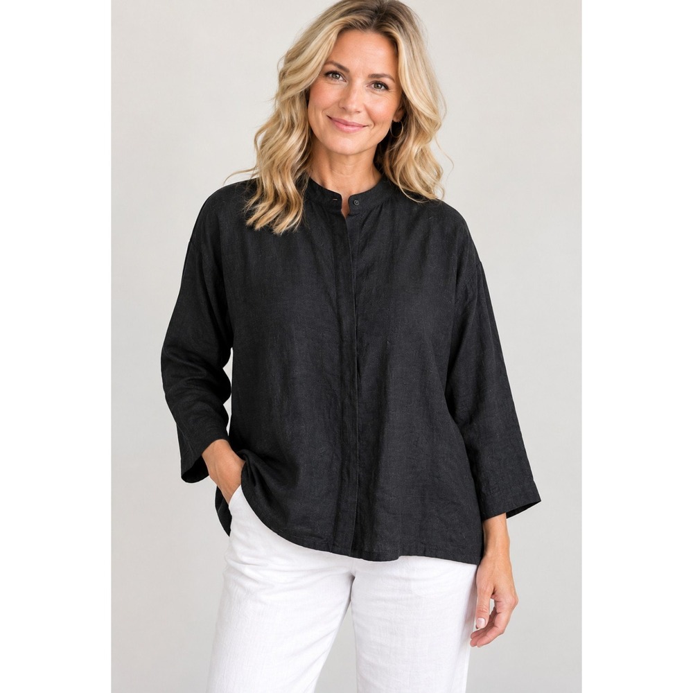 Eileen Fisher Womens Top Small Black Silk Linen Mandarin Collar Textured